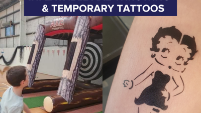 Inflatable Axe Throwing and Temporary Tattoos 
